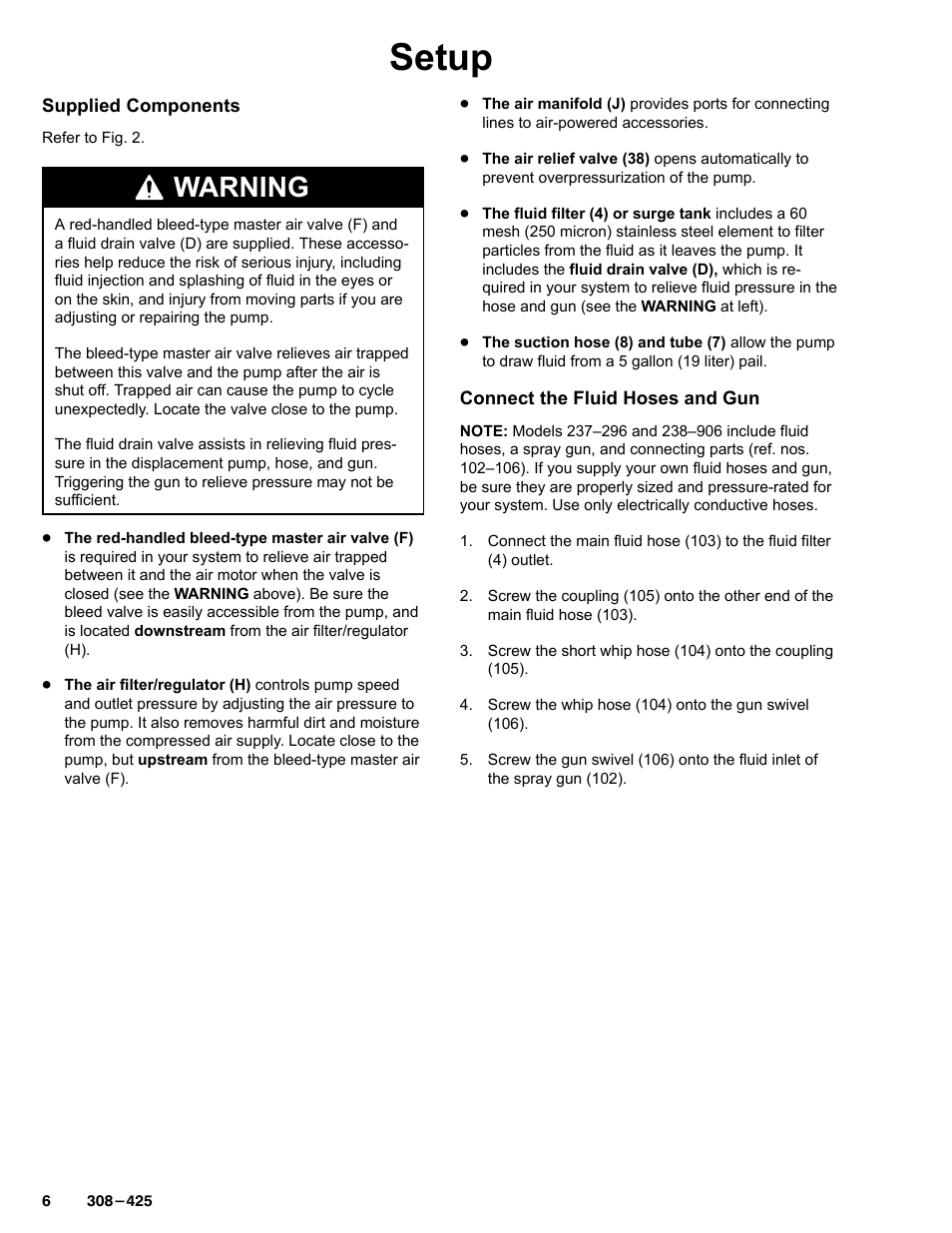 Setup, Warning | Graco Inc. 237-296 User Manual | Page 6 / 20