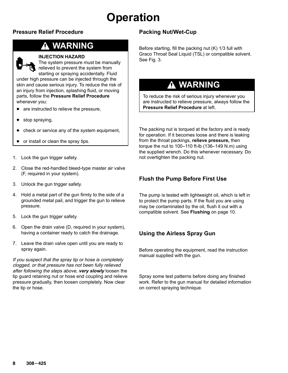 Operation, Warning | Graco Inc. 237-296 User Manual | Page 8 / 20