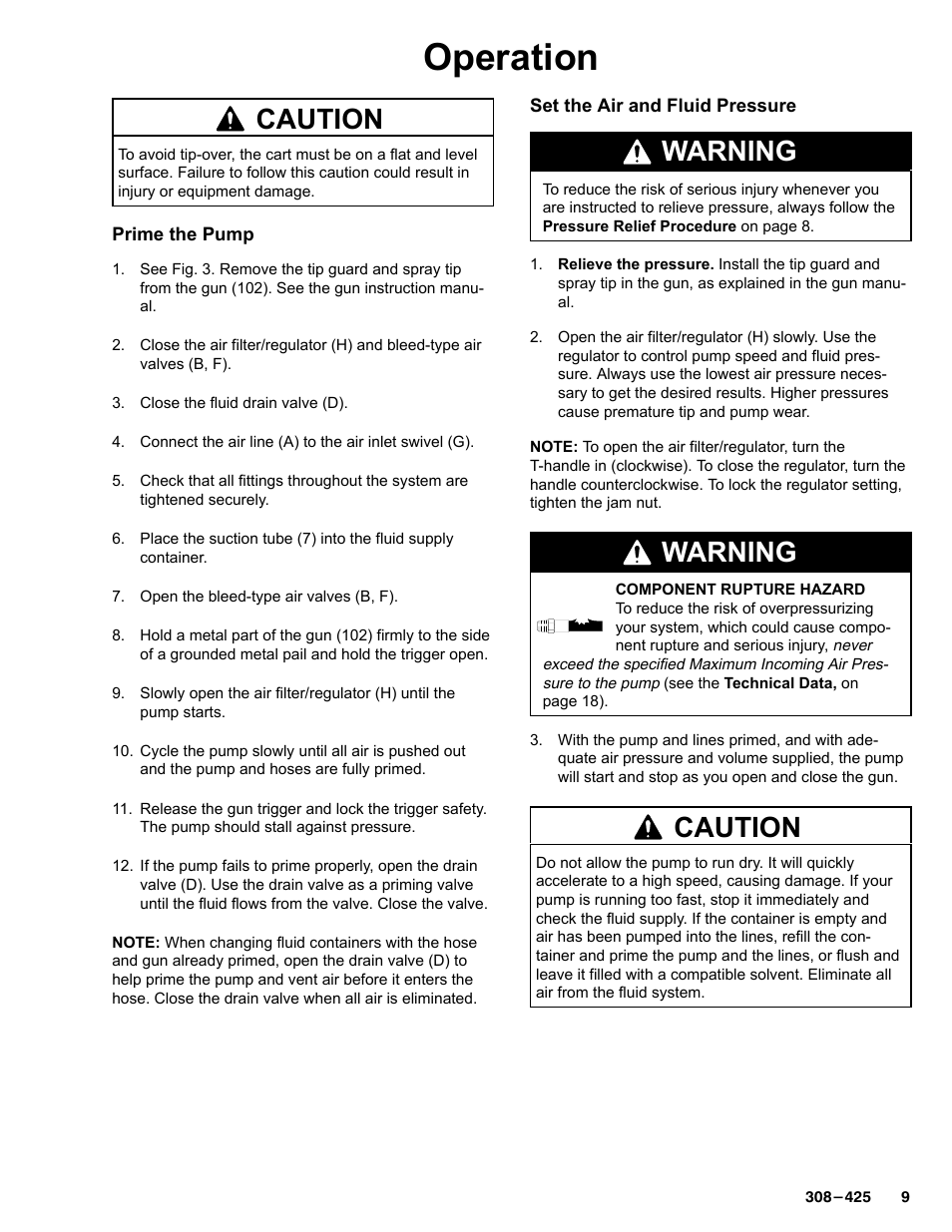 Operation, Caution, Warning | Graco Inc. 237-296 User Manual | Page 9 / 20