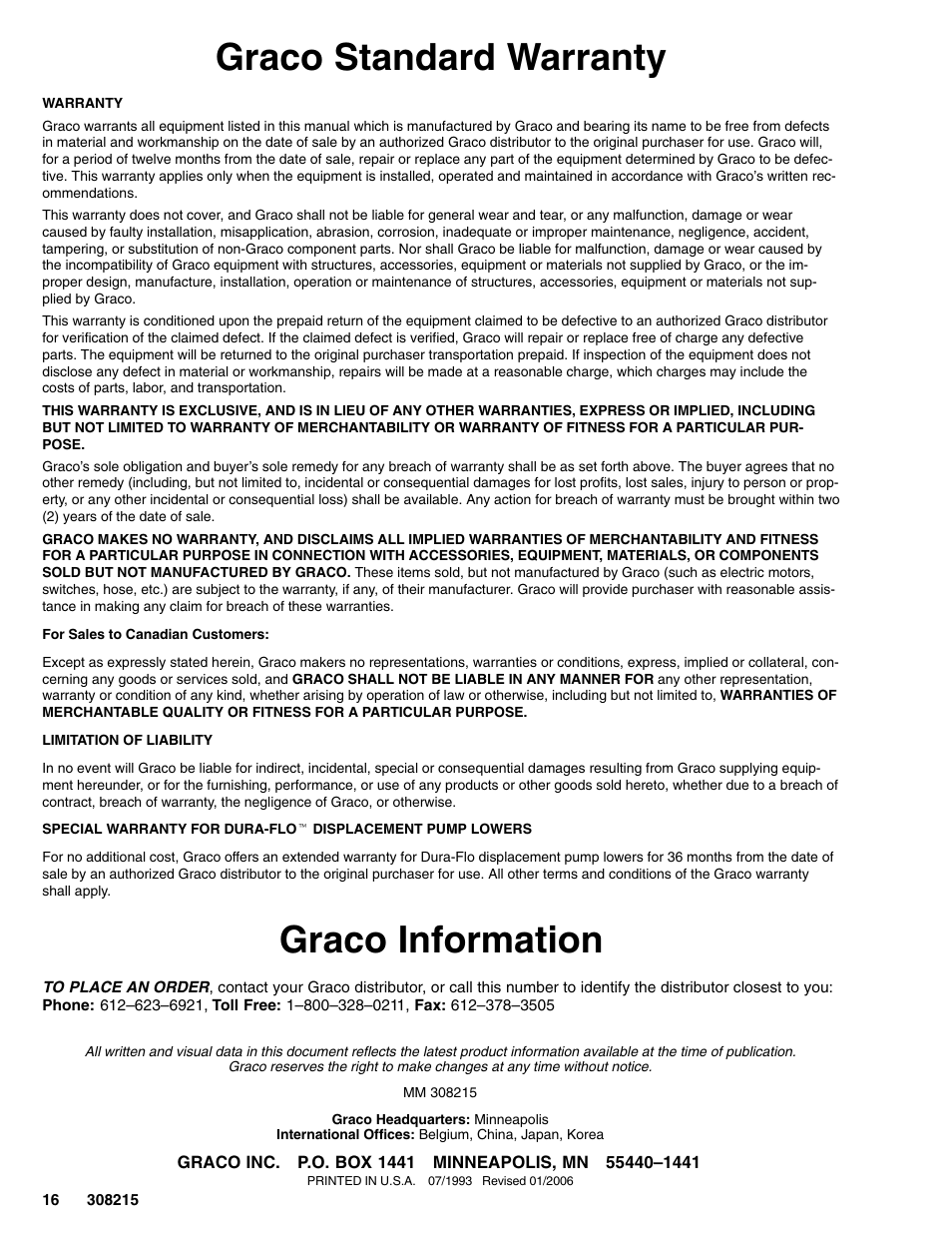 Graco standard warranty, Graco information | Graco Inc. 238144 User Manual | Page 16 / 16