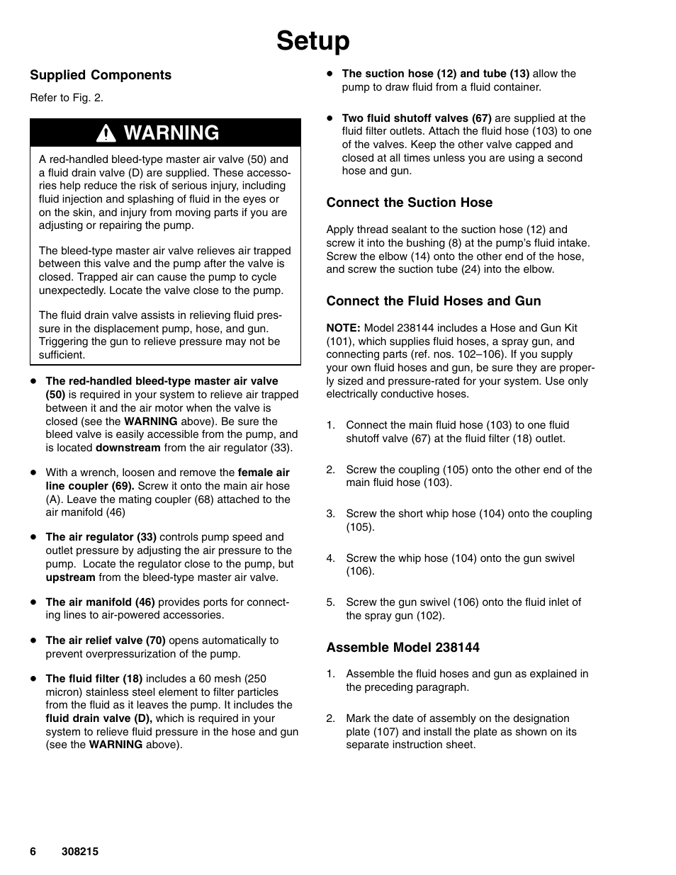 Setup, Warning | Graco Inc. 238144 User Manual | Page 6 / 16