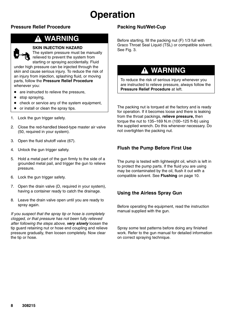 Operation, Warning | Graco Inc. 238144 User Manual | Page 8 / 16