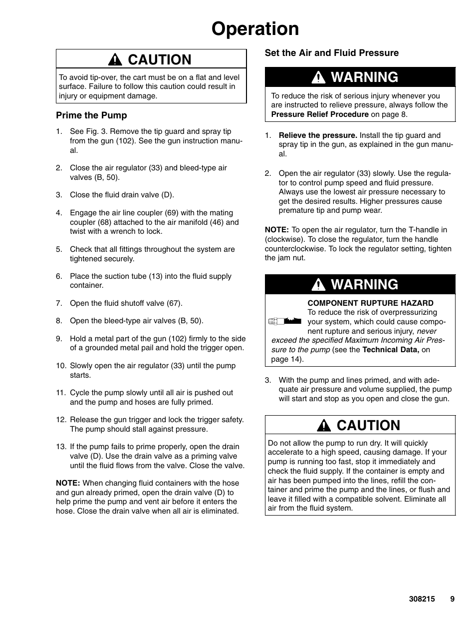 Operation, Caution, Warning | Graco Inc. 238144 User Manual | Page 9 / 16