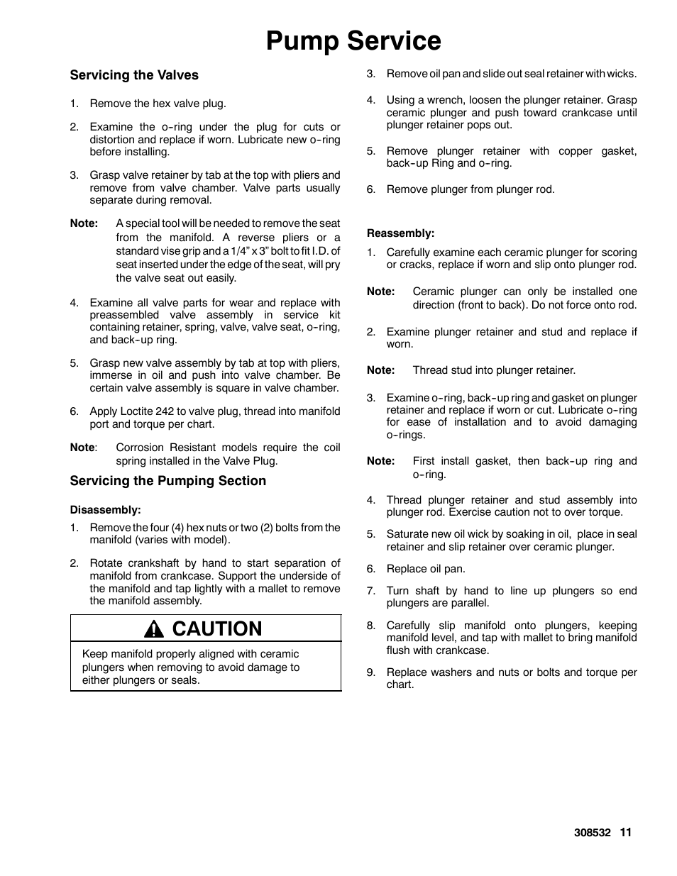 Pump service, Caution | Graco Inc. Hydra Clean 308532S User Manual | Page 11 / 22