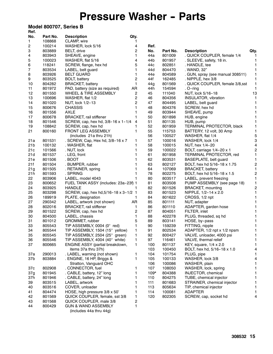 Pressure washer -- parts | Graco Inc. Hydra Clean 308532S User Manual | Page 15 / 22