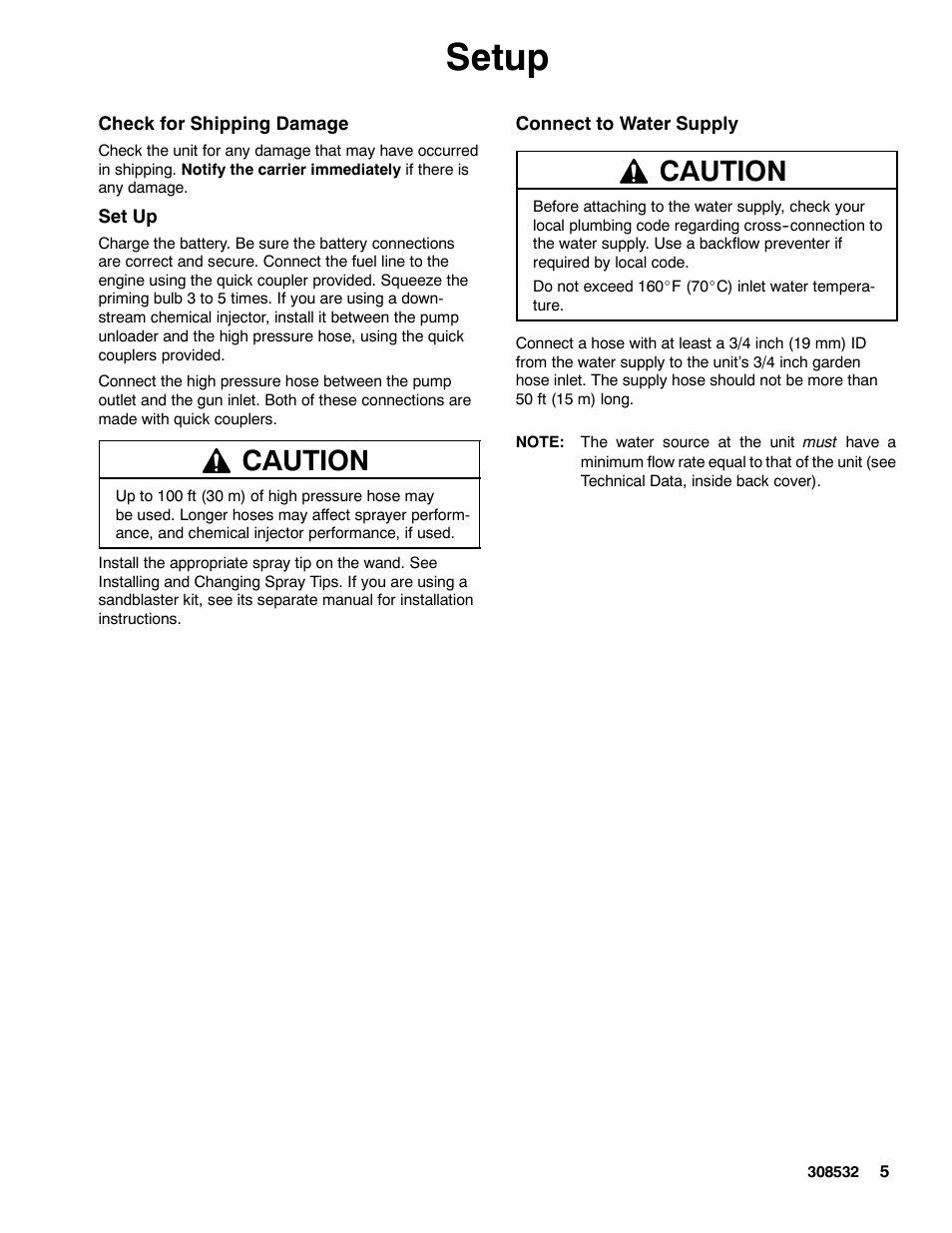 Setup, Caution | Graco Inc. Hydra Clean 308532S User Manual | Page 5 / 22
