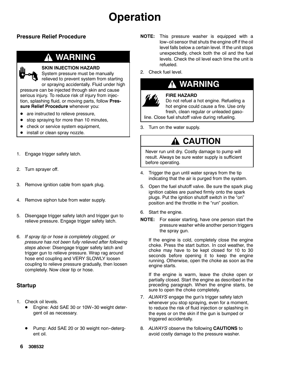 Operation, Warning, Caution | Graco Inc. Hydra Clean 308532S User Manual | Page 6 / 22