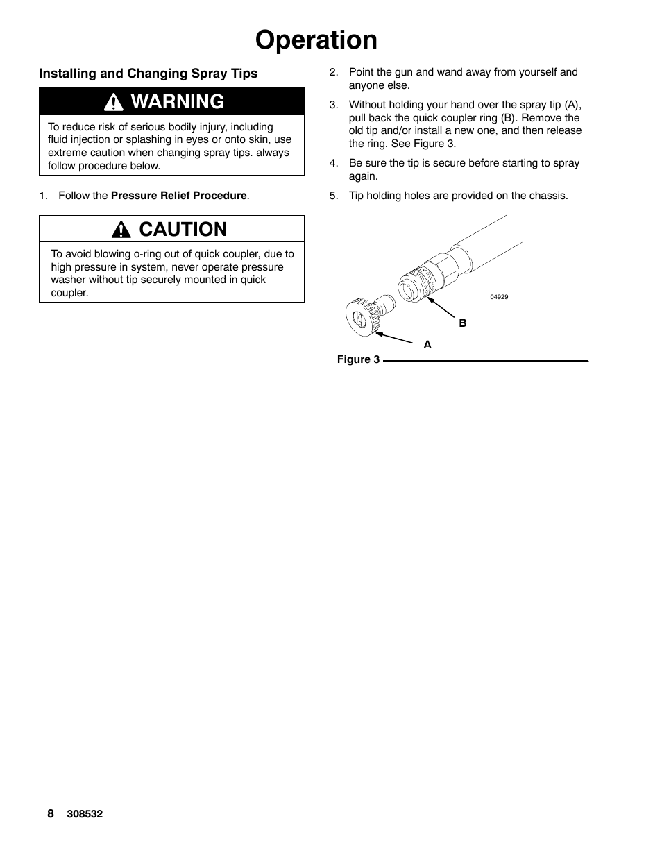 Operation, Warning, Caution | Graco Inc. Hydra Clean 308532S User Manual | Page 8 / 22
