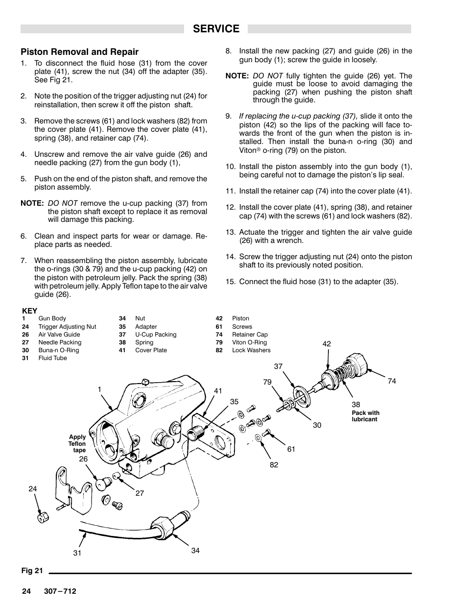 Service, Piston removal and repair | Graco Inc. 218-745 User Manual | Page 24 / 32