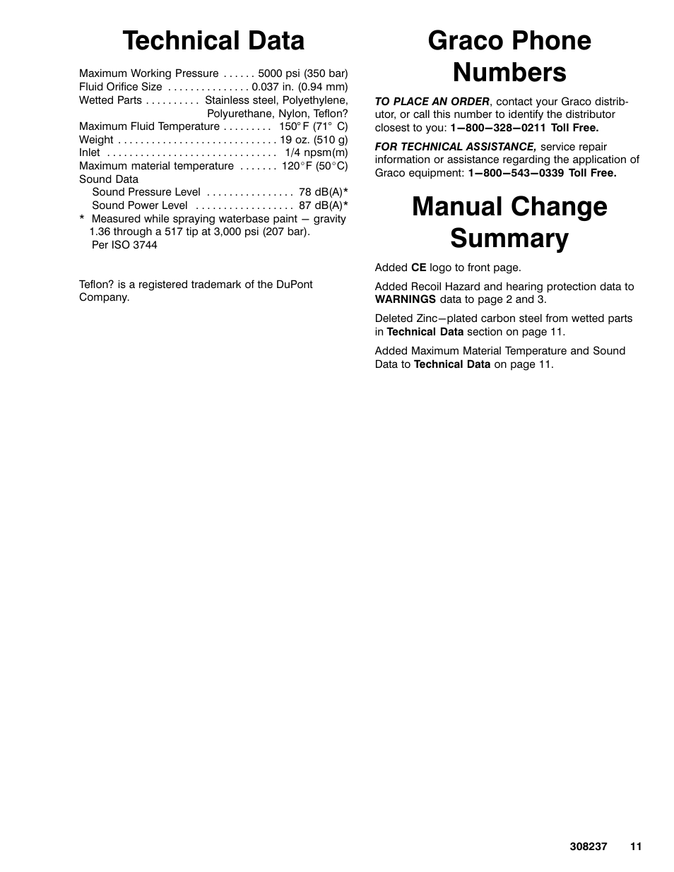 Technical data, Graco phone numbers, Manual change summary | Graco Inc. 235465 User Manual | Page 11 / 12