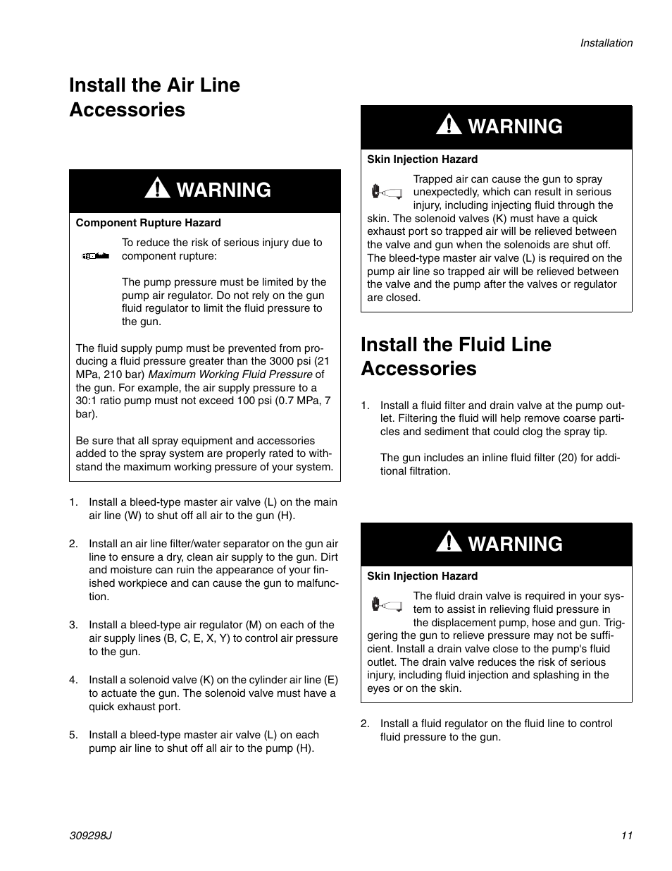 Install the air line accessories, Install the fluid line accessories, Warning | Graco Inc. 244592 User Manual | Page 11 / 56