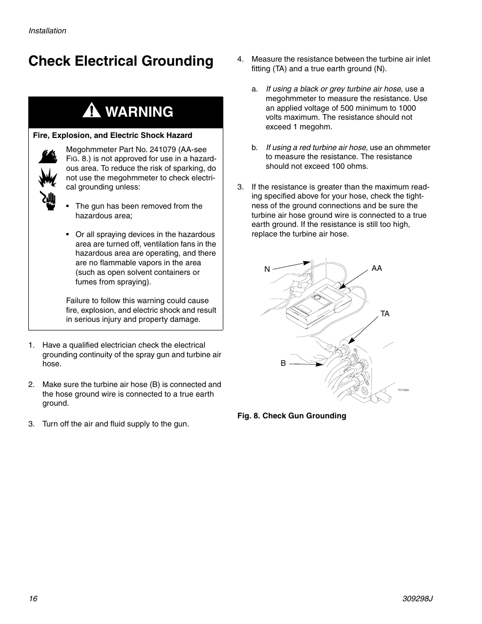 Check electrical grounding, E 16, Warning | Graco Inc. 244592 User Manual | Page 16 / 56