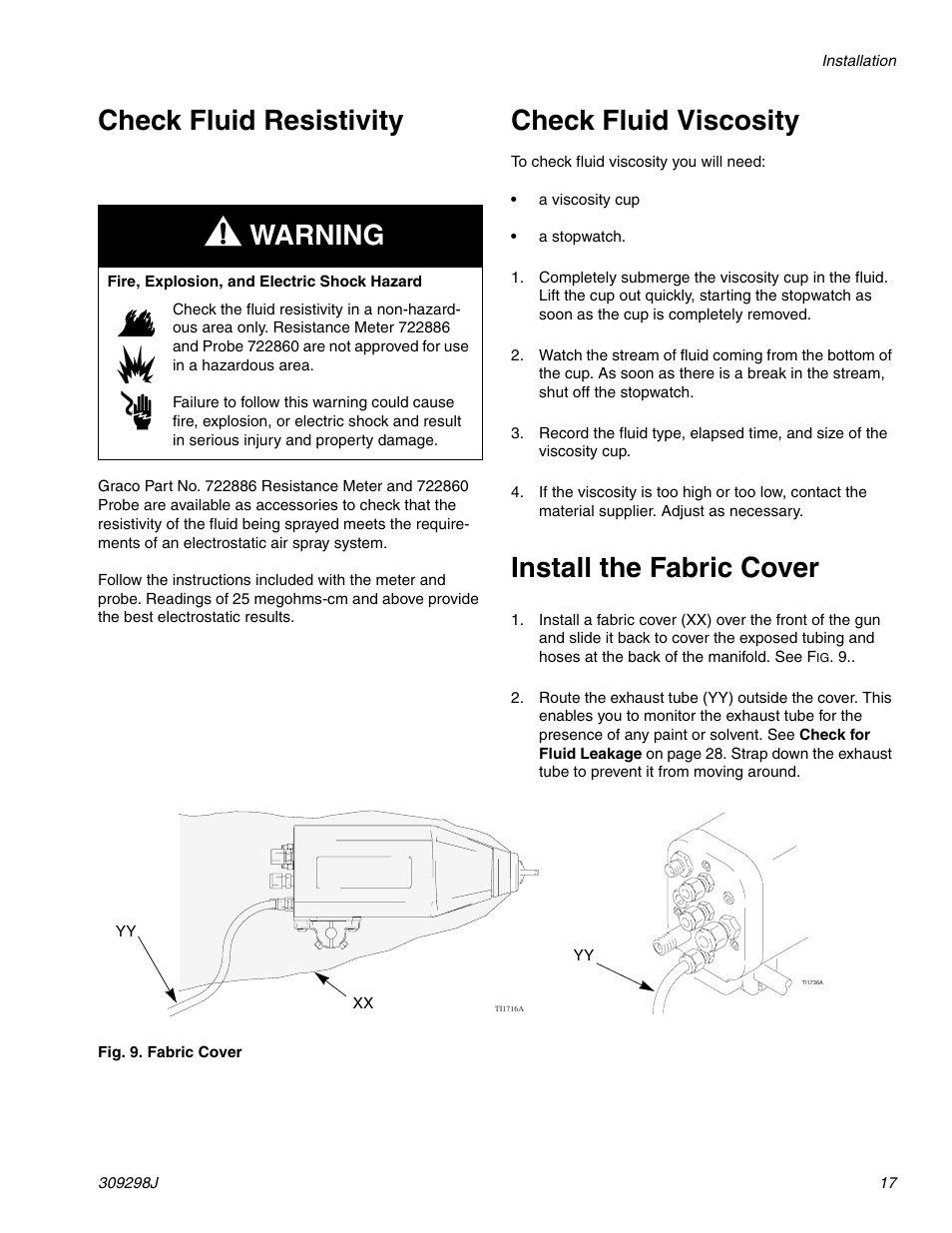 Check fluid resistivity, Check fluid viscosity, Install the fabric cover | Warning | Graco Inc. 244592 User Manual | Page 17 / 56