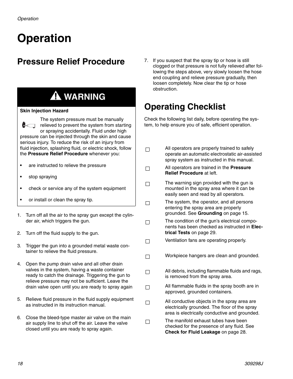 Operation, Pressure relief procedure, Operating checklist | Warning | Graco Inc. 244592 User Manual | Page 18 / 56