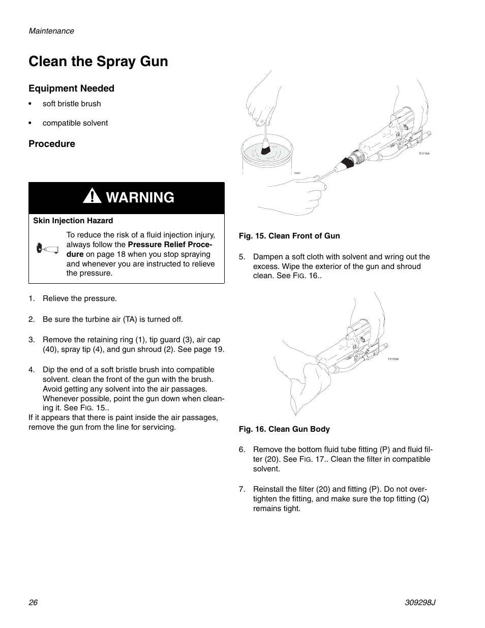 Clean the spray gun, See clean the spray gun, Ge 26 | Warning | Graco Inc. 244592 User Manual | Page 26 / 56