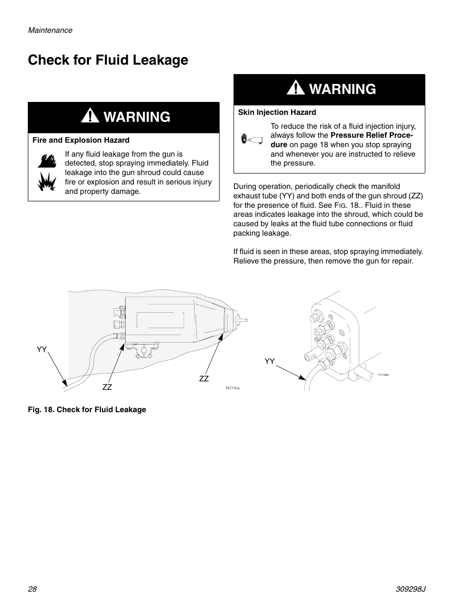 Check for fluid leakage, Check for fluid leakage on, E 28 | E check for fluid leakage on pa, Warning | Graco Inc. 244592 User Manual | Page 28 / 56