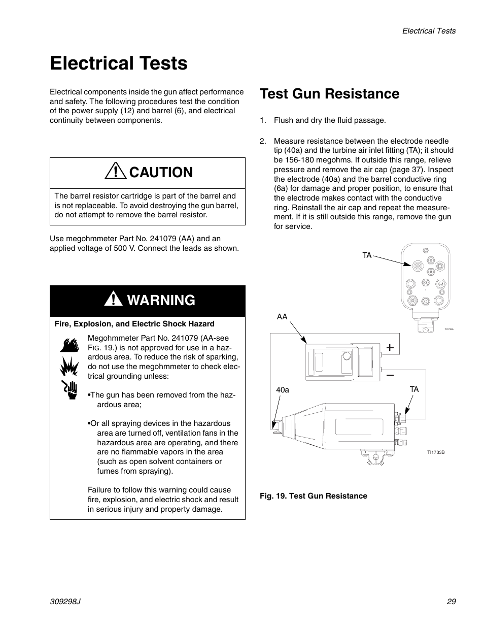 Electrical tests, Test gun resistance, In elec- trical tests | E 29, Caution, Warning | Graco Inc. 244592 User Manual | Page 29 / 56