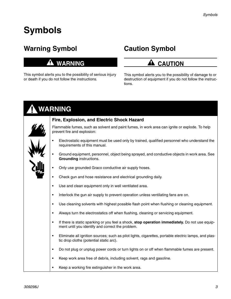 Symbols, Warning symbol, Caution symbol | Warning, Warning caution | Graco Inc. 244592 User Manual | Page 3 / 56