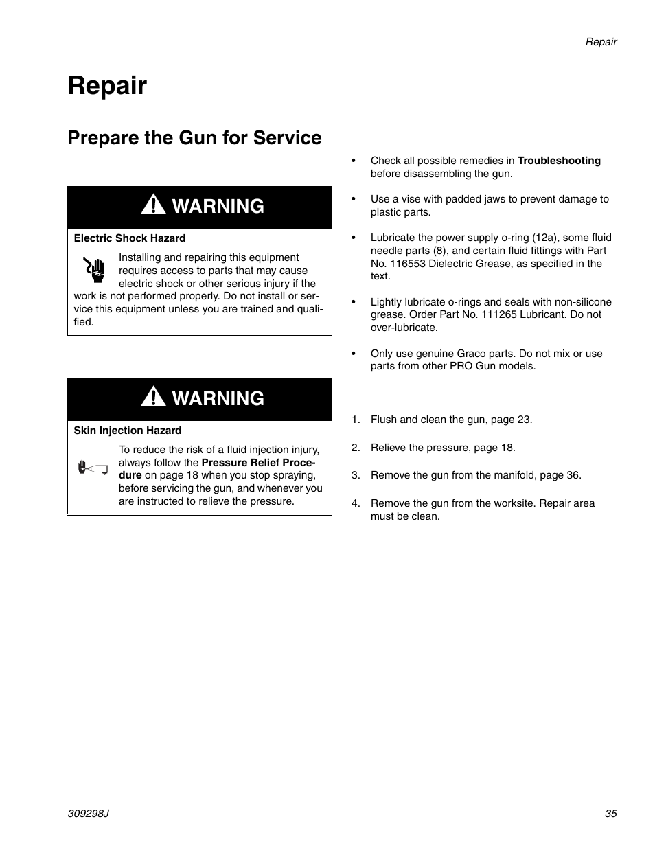 Repair, Prepare the gun for service, Warning | Graco Inc. 244592 User Manual | Page 35 / 56