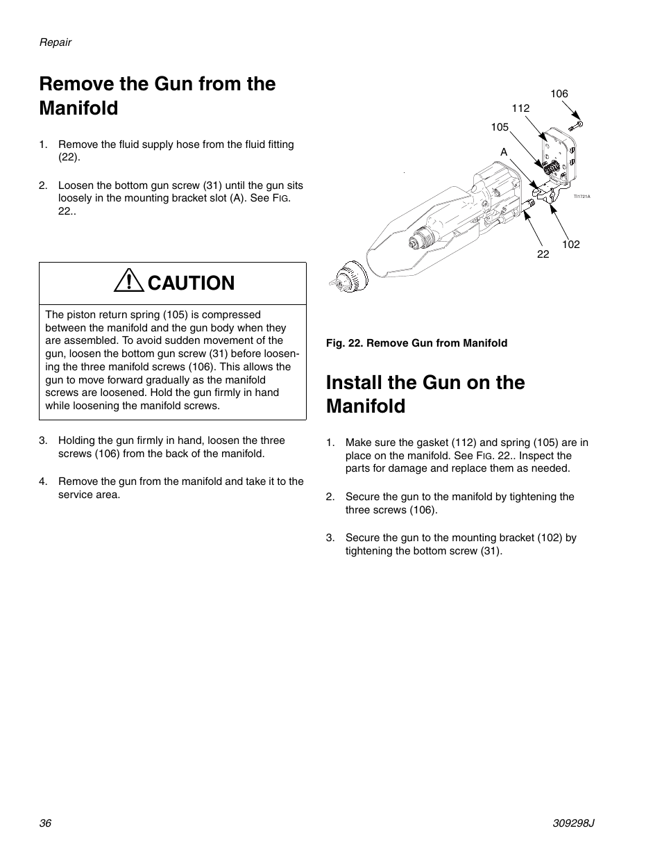 Remove the gun from the manifold, Install the gun on the manifold, E 36 | Caution | Graco Inc. 244592 User Manual | Page 36 / 56