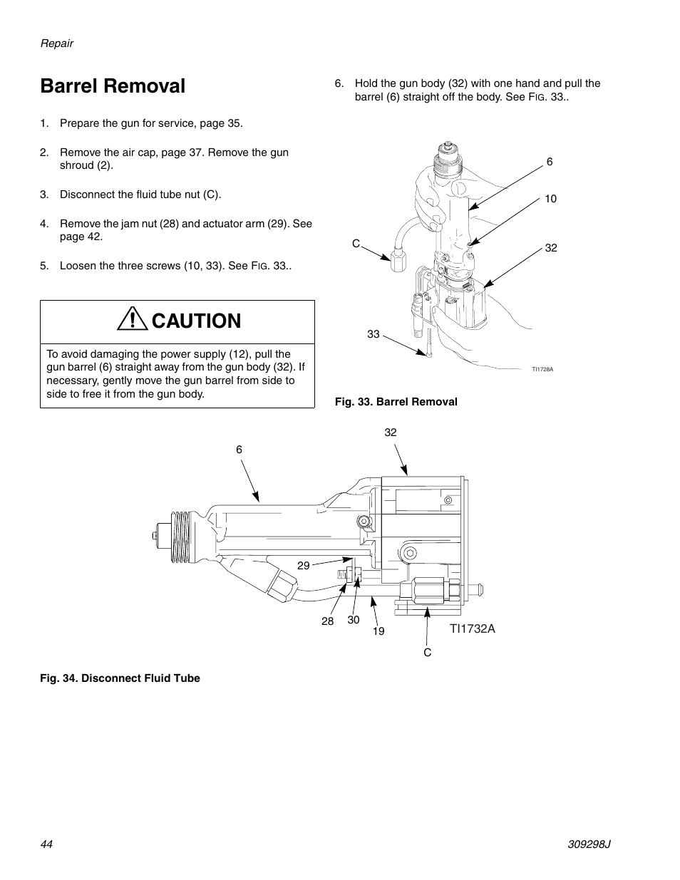 Barrel removal, Caution | Graco Inc. 244592 User Manual | Page 44 / 56