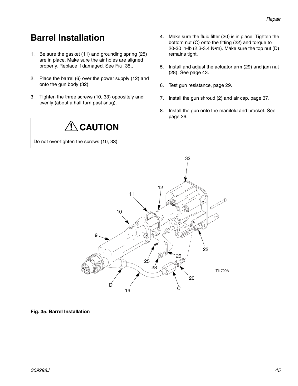Barrel installation, E 45, Caution | Graco Inc. 244592 User Manual | Page 45 / 56