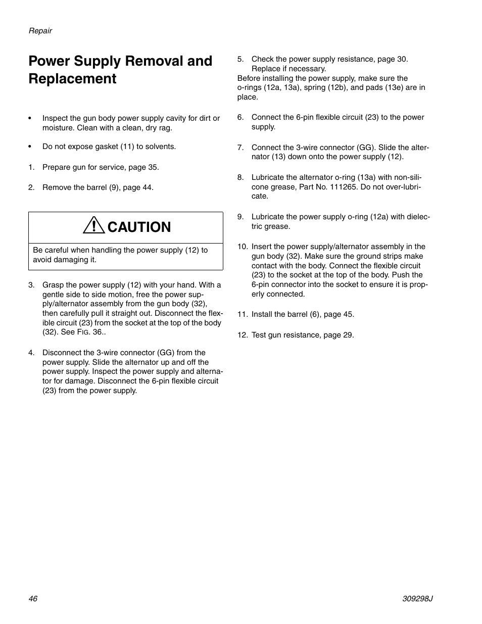 Power supply removal and replacement, Ge 46, Caution | Graco Inc. 244592 User Manual | Page 46 / 56