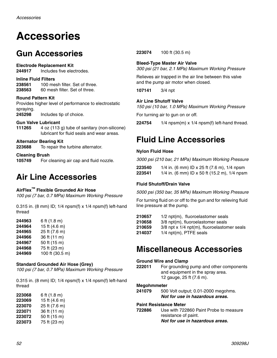 Accessories, Gun accessories, Air line accessories | Fluid line accessories, Miscellaneous accessories, E 52 | Graco Inc. 244592 User Manual | Page 52 / 56