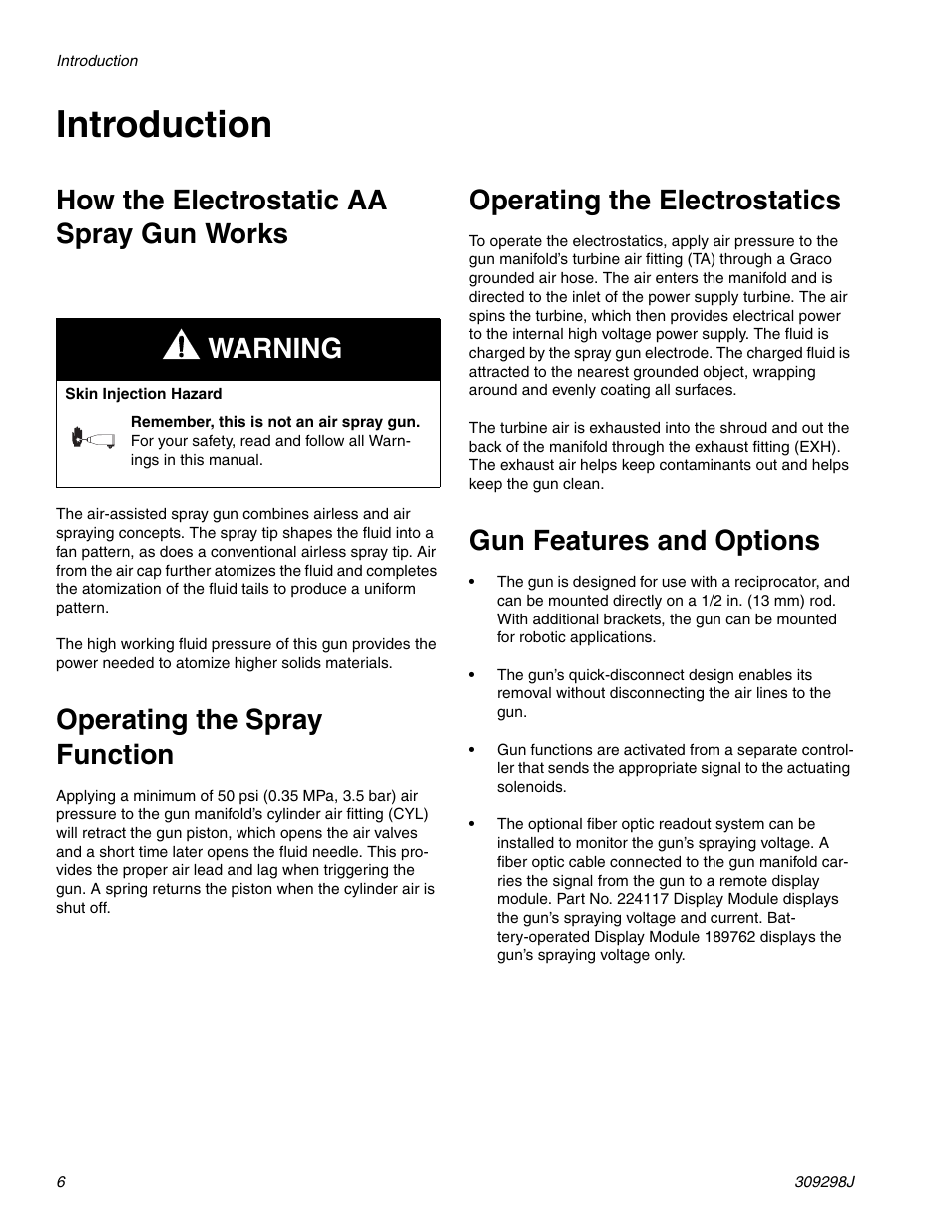 Introduction, How the electrostatic aa spray gun works, Operating the spray function | Operating the electrostatics, Gun features and options, Warning | Graco Inc. 244592 User Manual | Page 6 / 56