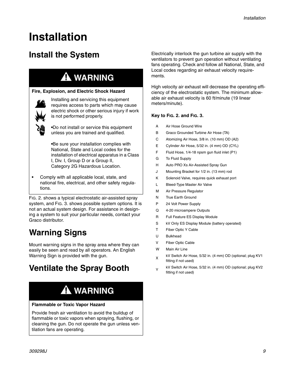 Installation, Install the system, Warning signs | Ventilate the spray booth, Warning | Graco Inc. 244592 User Manual | Page 9 / 56