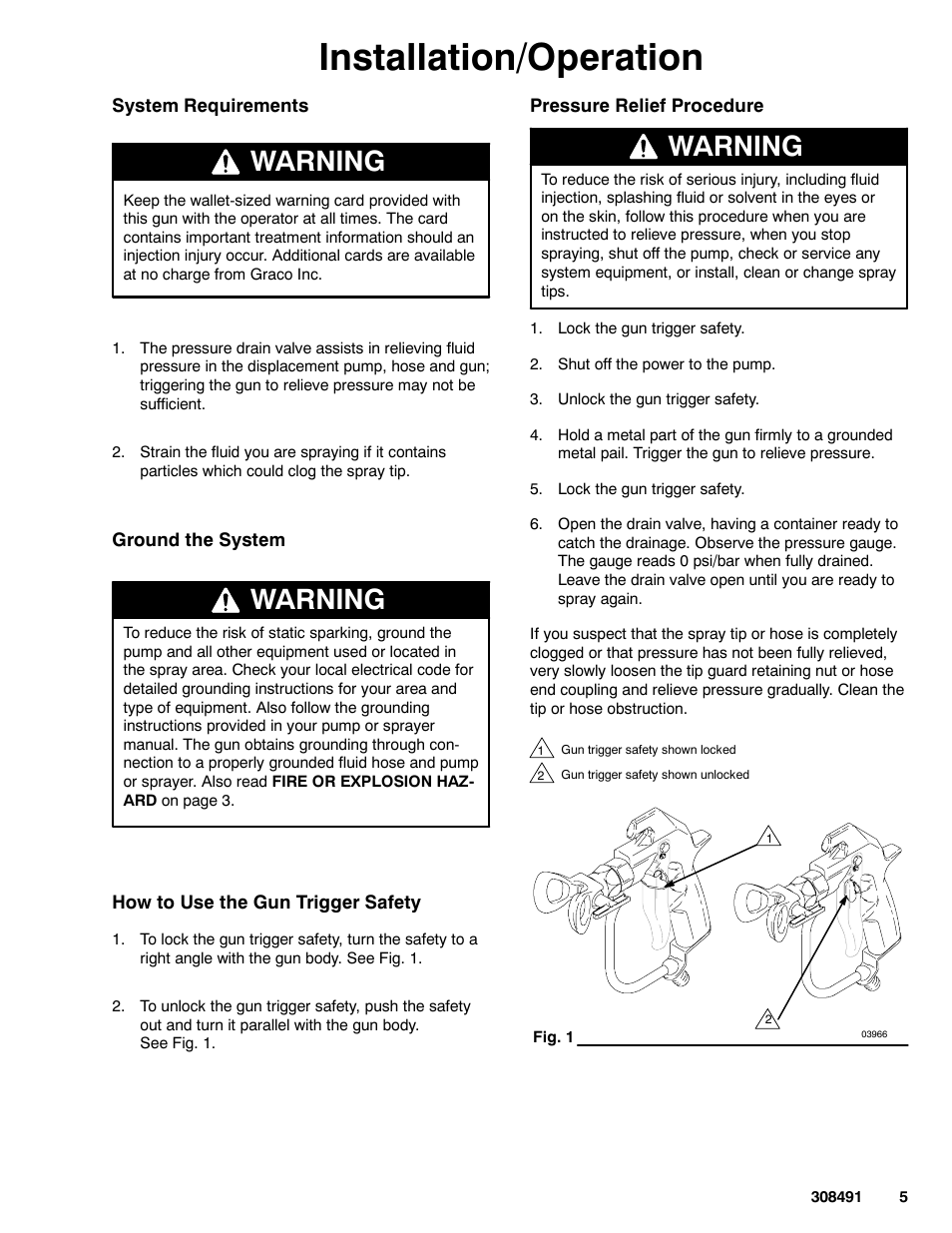 Installation/operation, Warning | Graco Inc. 241705 User Manual | Page 5 / 16