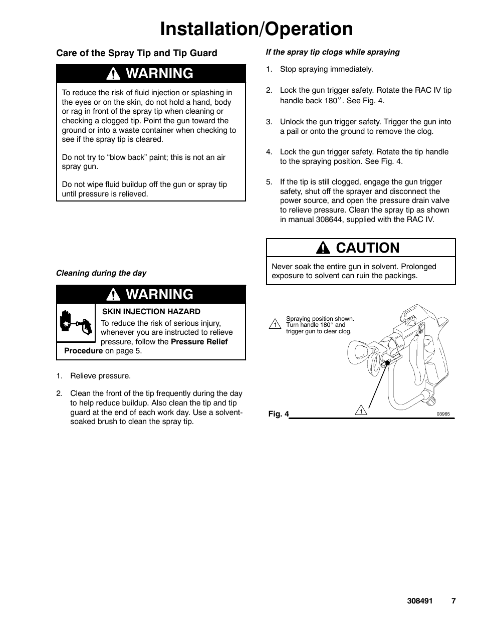 Installation/operation, Warning, Caution | Graco Inc. 241705 User Manual | Page 7 / 16