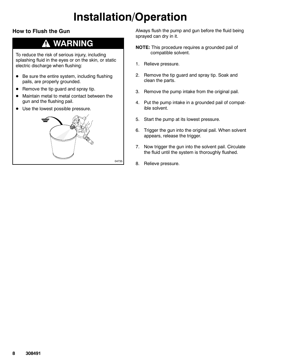 Installation/operation, Warning | Graco Inc. 241705 User Manual | Page 8 / 16