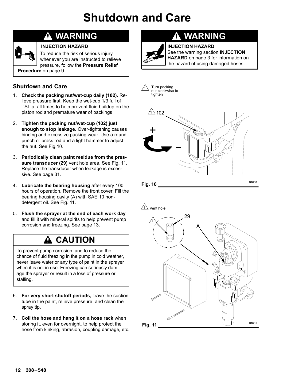 Shutdown and care, Warning, Caution | Graco Inc. 231-353 User Manual | Page 12 / 36