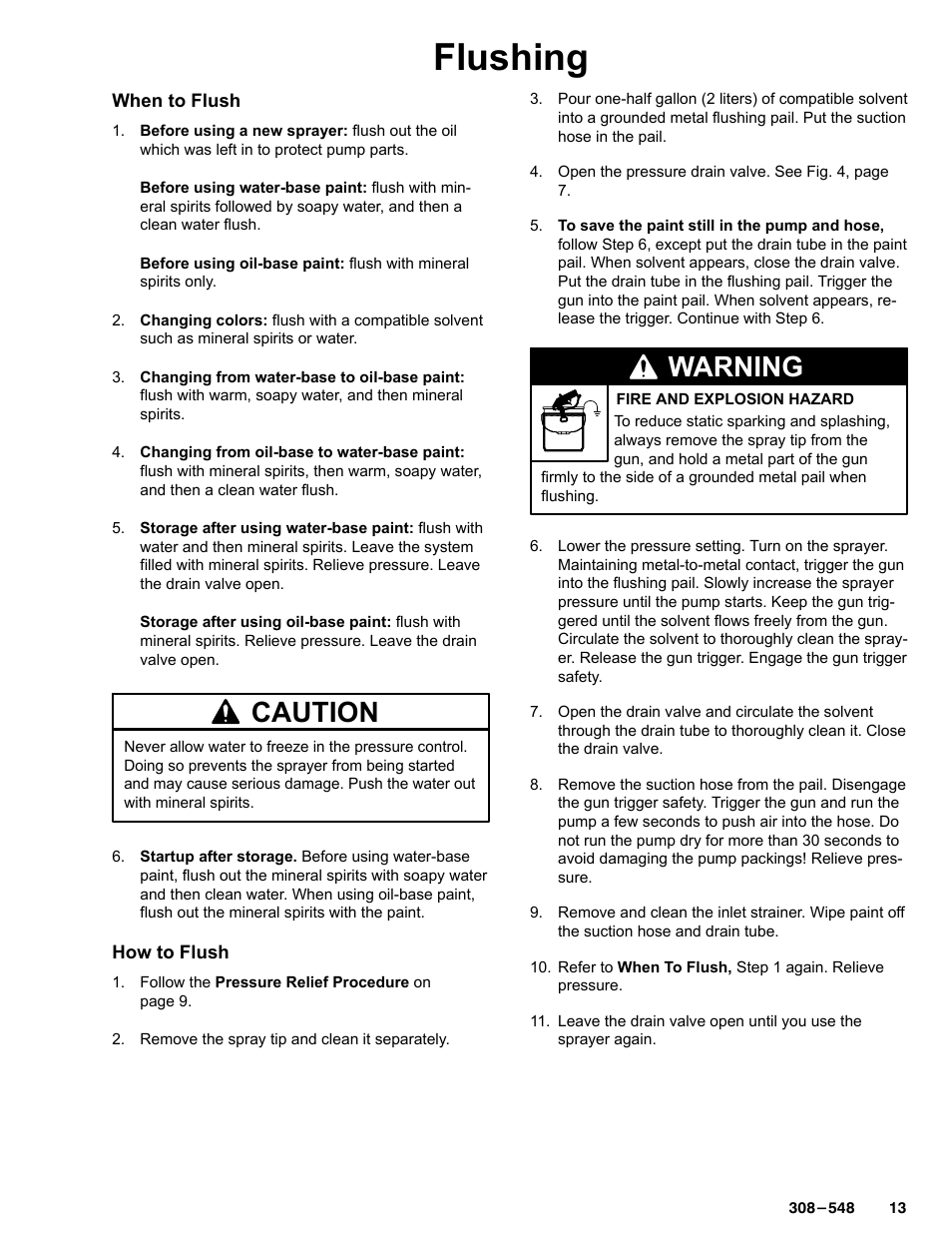 Flushing, Caution, Warning | Graco Inc. 231-353 User Manual | Page 13 / 36