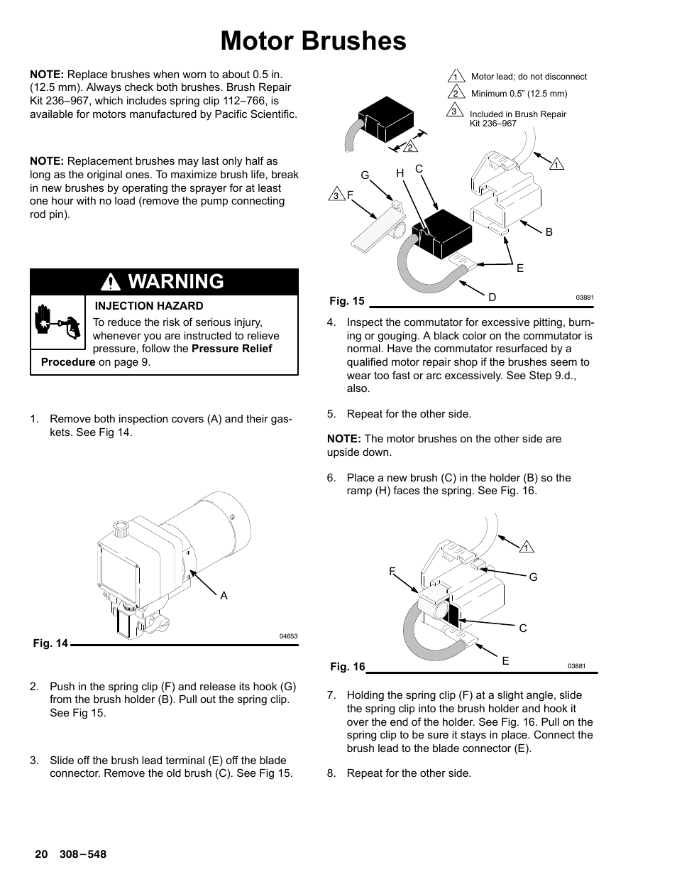 Motor brushes, Warning | Graco Inc. 231-353 User Manual | Page 20 / 36