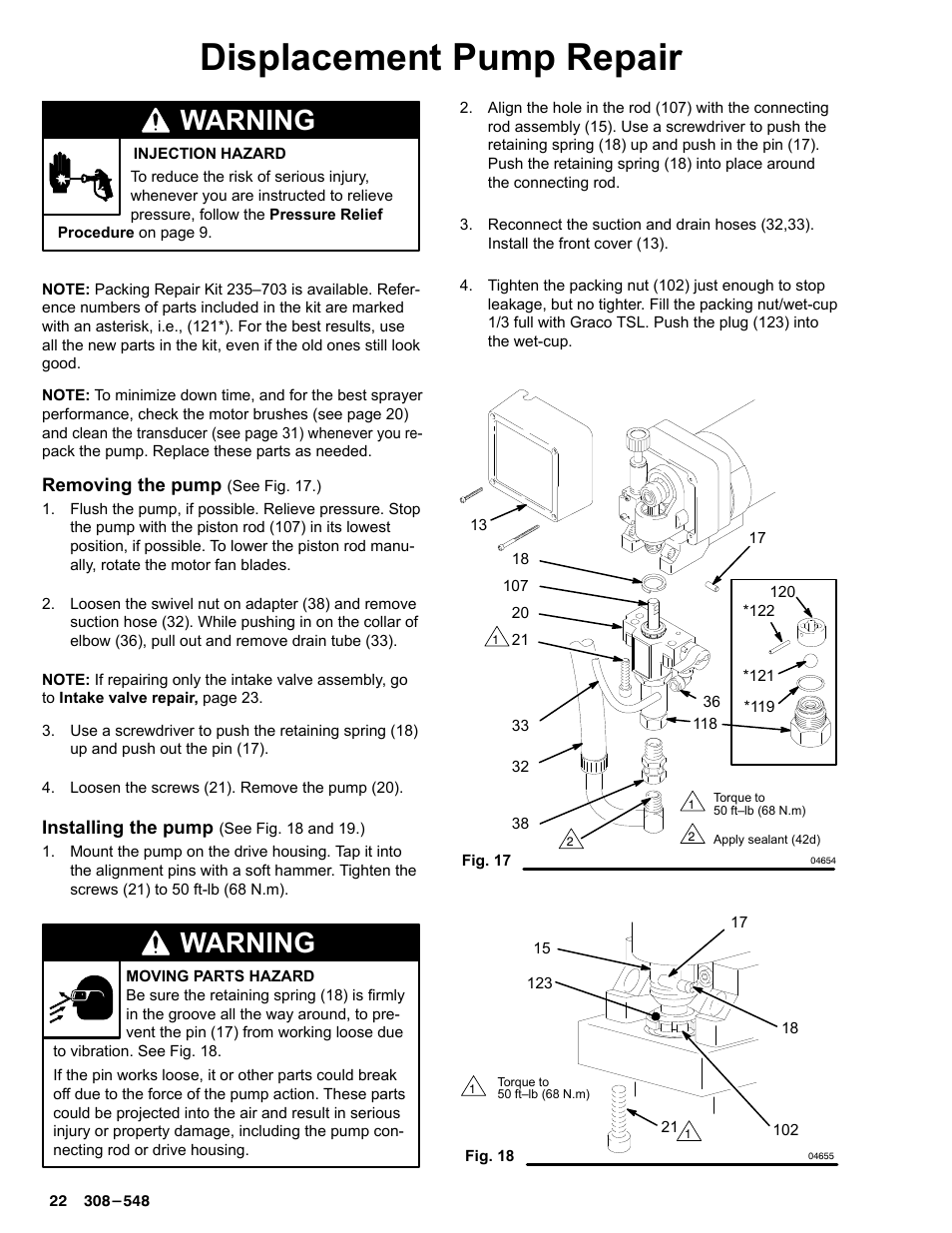 Displacement pump repair, Warning | Graco Inc. 231-353 User Manual | Page 22 / 36