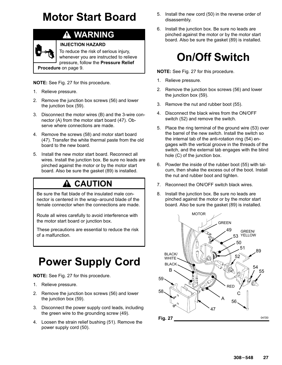 Motor start board, Power supply cord, On/off switch | Warning, Caution | Graco Inc. 231-353 User Manual | Page 27 / 36