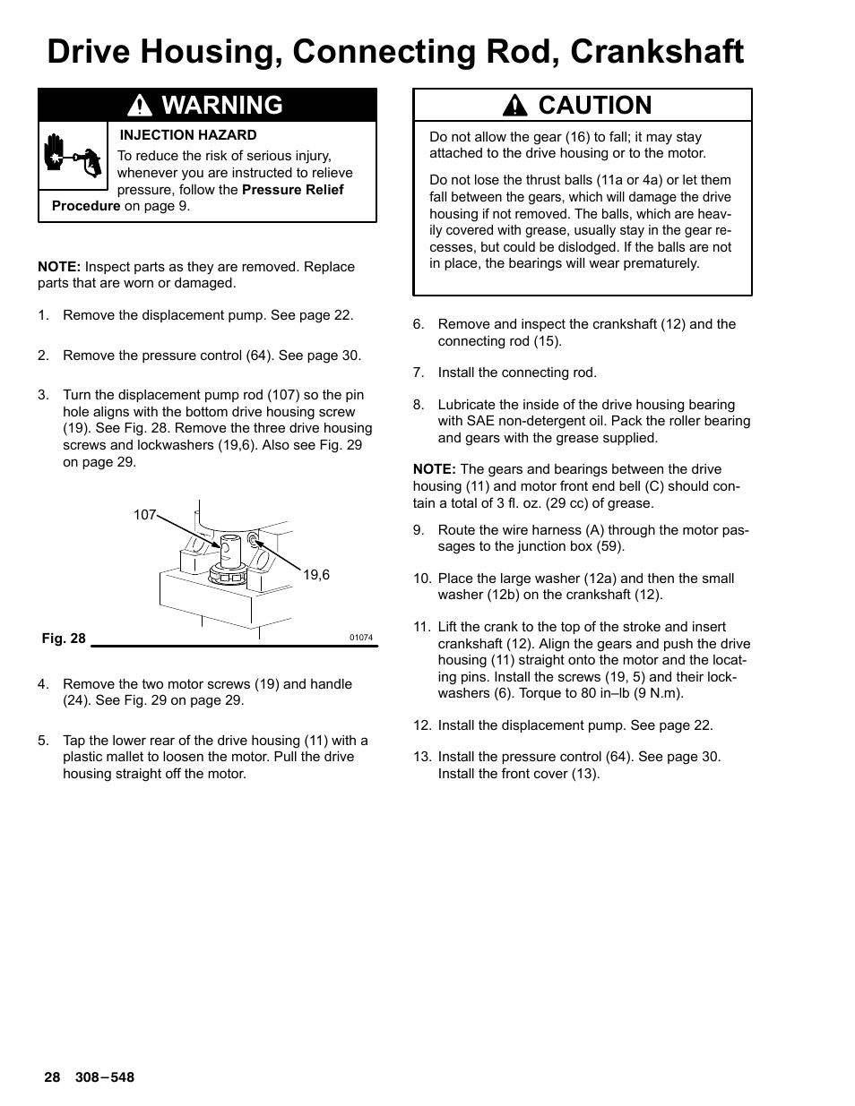 Drive housing, connecting rod, crankshaft, Warning, Caution | Graco Inc. 231-353 User Manual | Page 28 / 36
