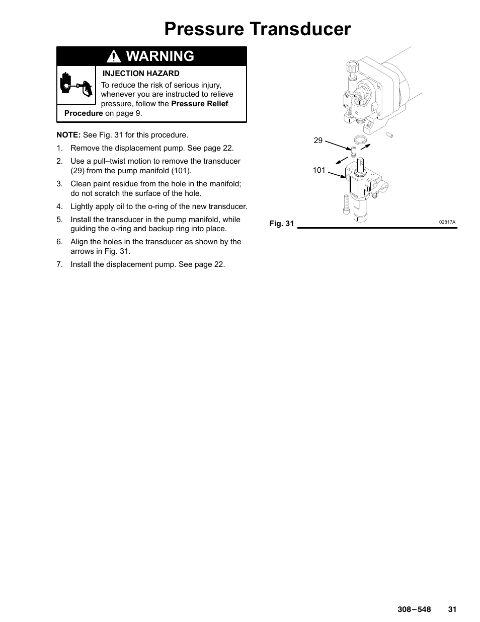 Pressure transducer, Warning | Graco Inc. 231-353 User Manual | Page 31 / 36