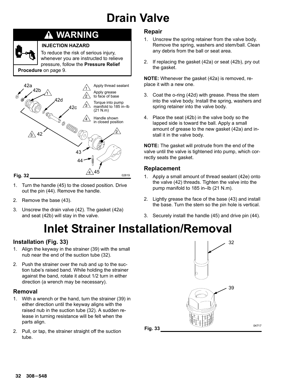 Drain valve, Inlet strainer installation/removal, Warning | Graco Inc. 231-353 User Manual | Page 32 / 36