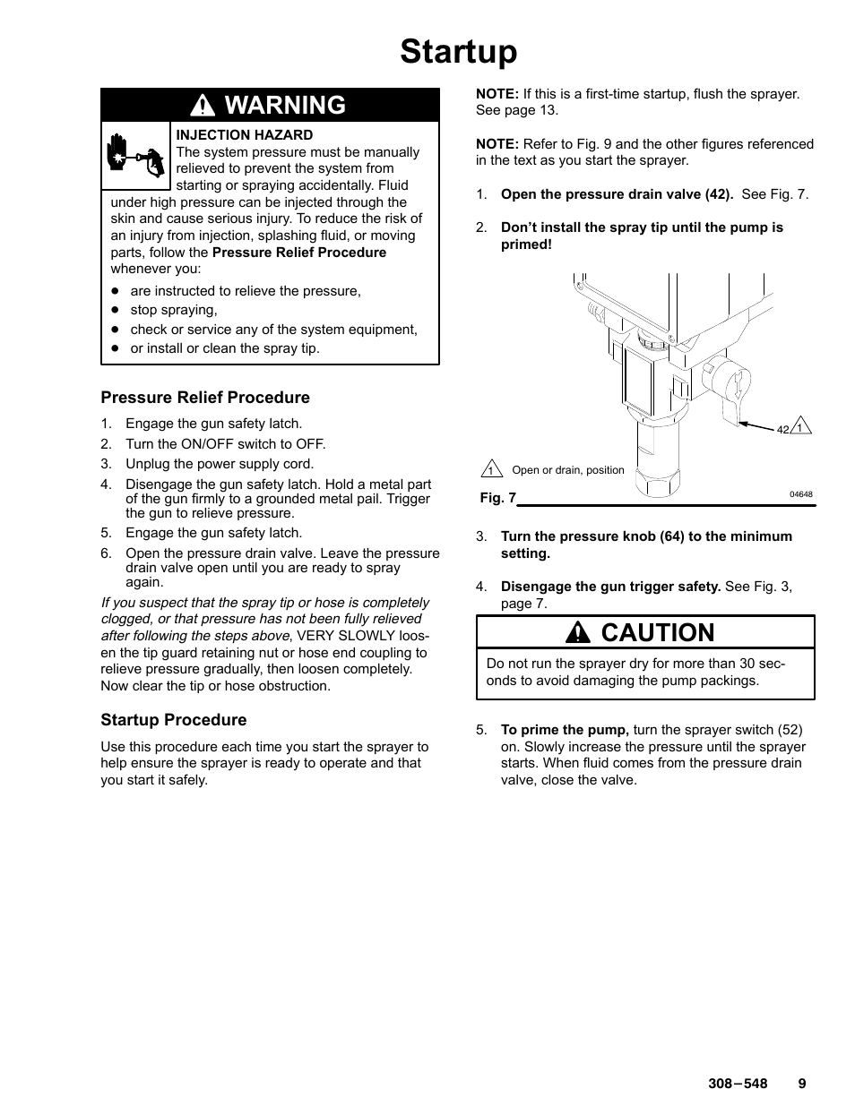 Startup, Warning, Caution | Graco Inc. 231-353 User Manual | Page 9 / 36