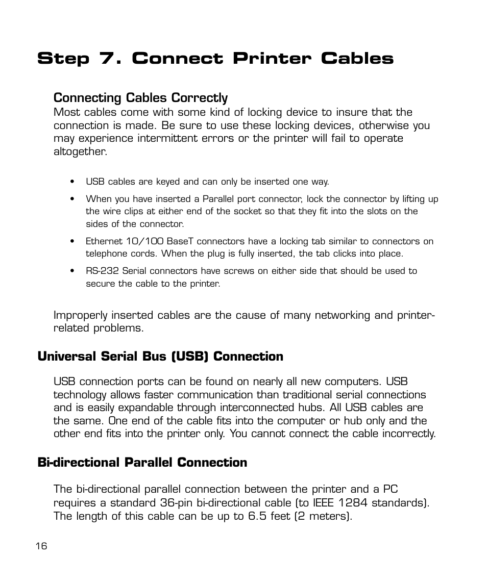 Connect printer cables, Step 7. connect printer cables, Connecting cables correctly | Universal serial bus (usb) connection, Bi-directional parallel connection | GCC Printers 21 Series User Manual | Page 19 / 95