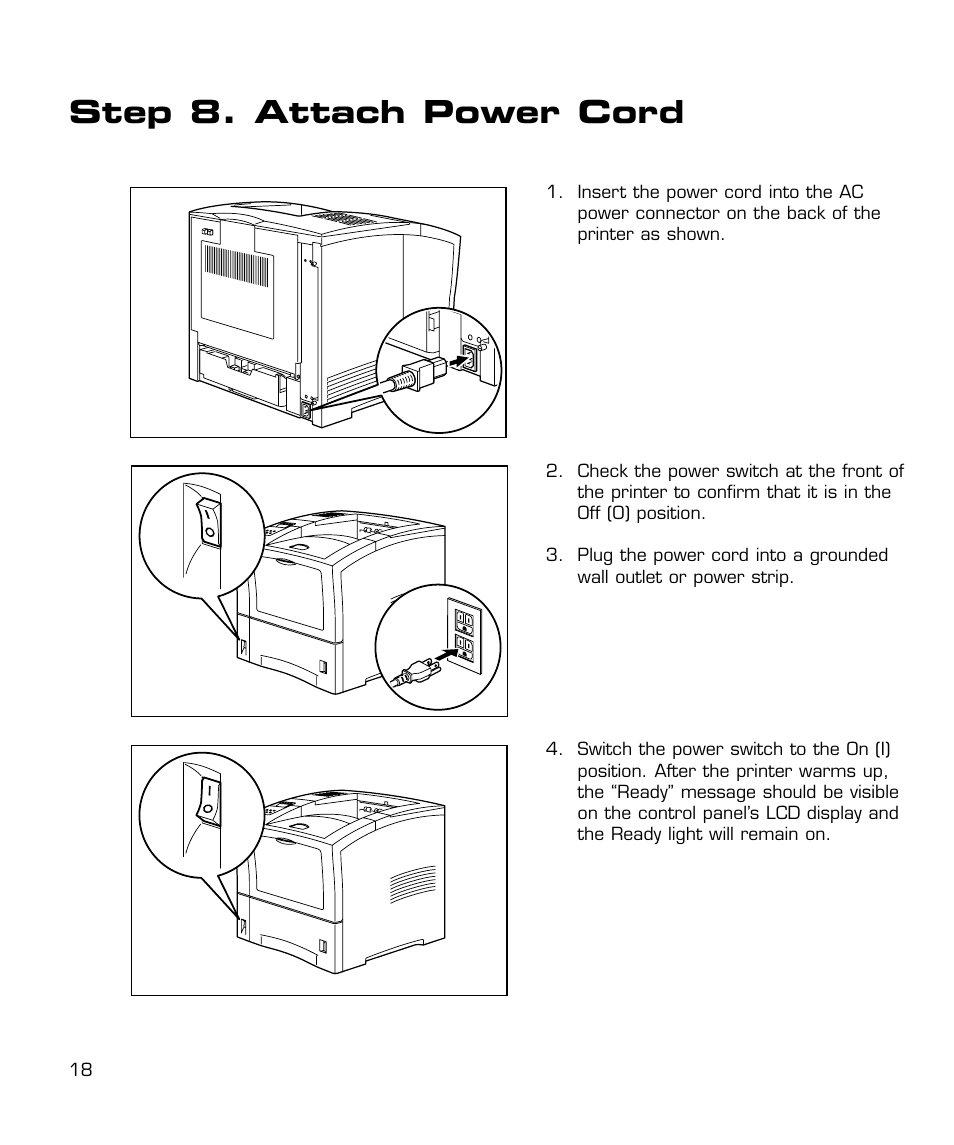 Attach power cords, Step 8. attach power cord | GCC Printers 21 Series User Manual | Page 21 / 95