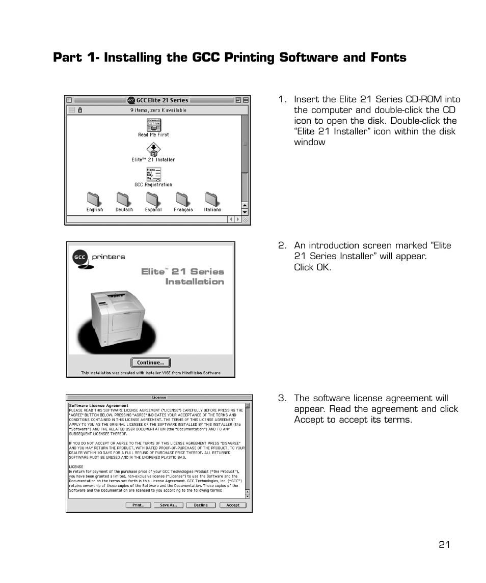 Install gcc printing software and fonts | GCC Printers 21 Series User Manual | Page 24 / 95