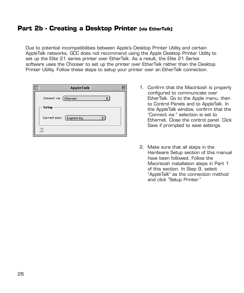 2b. via ethertalk, Part 2b - creating a desktop printer | GCC Printers 21 Series User Manual | Page 31 / 95