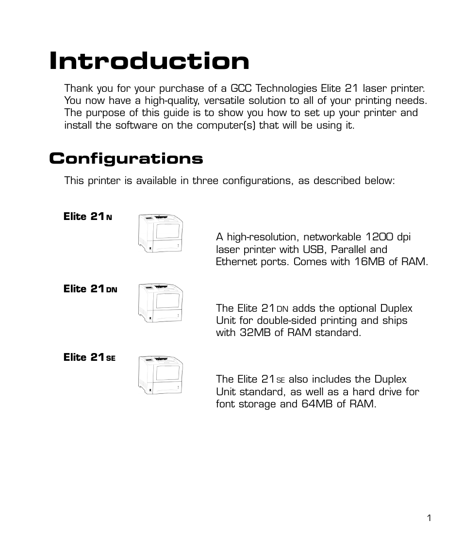 Introduction, Printer configurations, Configurations | GCC Printers 21 Series User Manual | Page 4 / 95