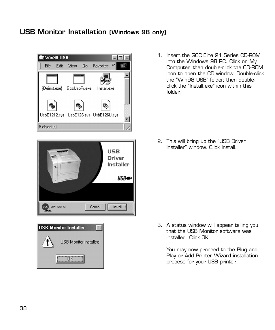 Usb install (win98 only), Usb monitor installation | GCC Printers 21 Series User Manual | Page 41 / 95