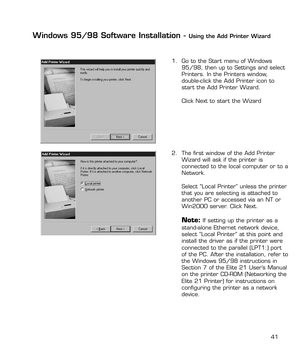 Via the add printer wizard, Windows 95/98 software installation | GCC Printers 21 Series User Manual | Page 44 / 95