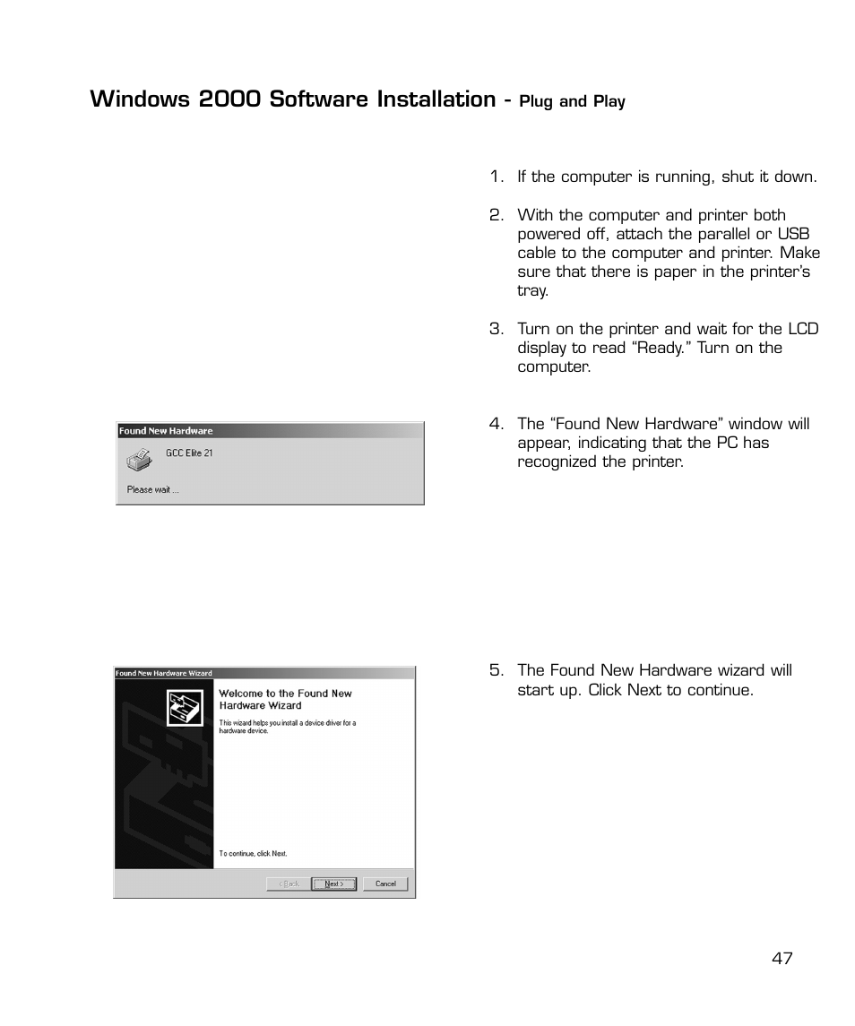 Via plug and play, Windows 2000 software installation | GCC Printers 21 Series User Manual | Page 50 / 95